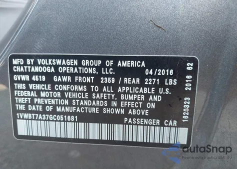 2016 Volkswagen Passat 1.8T Se from USA, damaged, VIN 1VWBT7A37GC051681